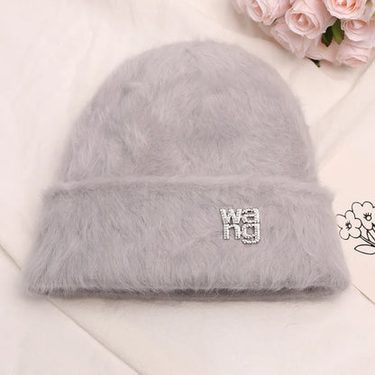 maoxiangshop New Fashion Rabbit Fur Y2k Beanies for Women Soft Warm Fluffy Angola Winter Hat Female Windproof Bonnet Hat Skullies Cap