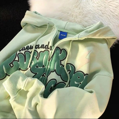American Retro Zip Up Graphic Hoodies Women Streetwear Loose Letter Printed Hooded Sweatshirts Hiphop Thin Top