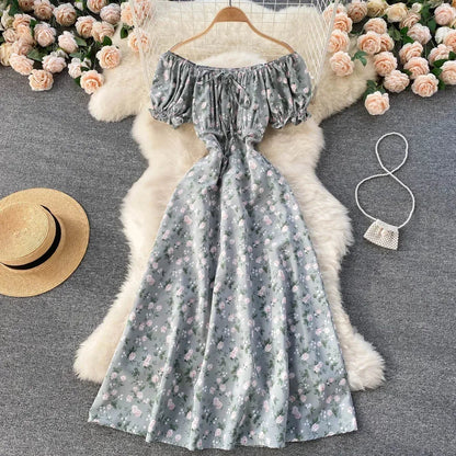 maoxiangshop Women Floral Dress Bohemian A-Line Slash Neck Short Sleeves Dress Summer Vintage Beach off Shoulder Polka Dot Sundress