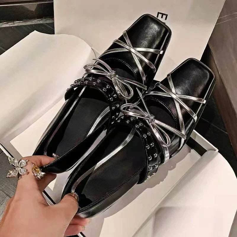 maoxiangshop  -  Rivet Platform Mary Jane Shoes Square Toe Pumps Women Winter 2024 New Cross Strap Bow Fashion Chunky Luxury Designer Shoes Women