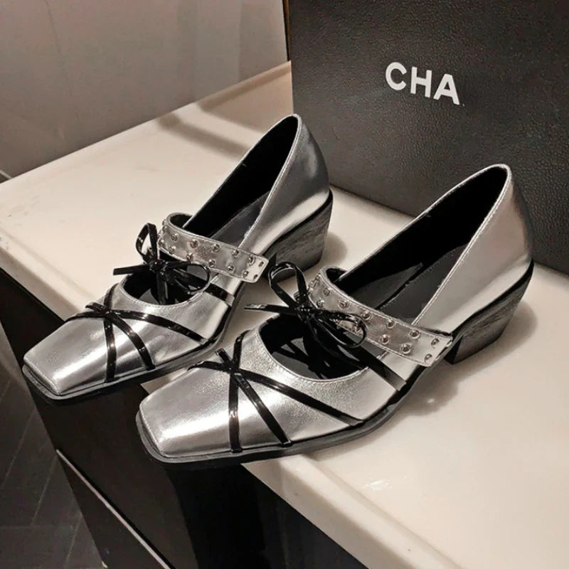 maoxiangshop  -  Rivet Platform Mary Jane Shoes Square Toe Pumps Women Winter 2024 New Cross Strap Bow Fashion Chunky Luxury Designer Shoes Women