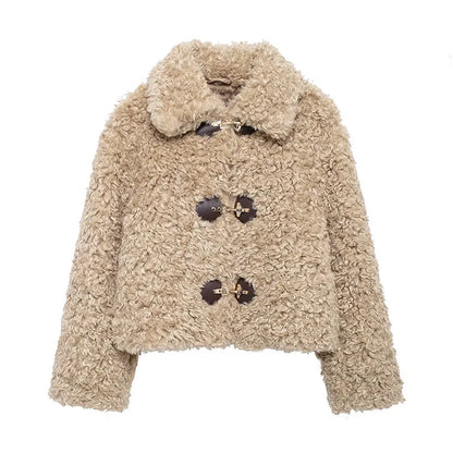 maoxiangshop  -  Winter Plush Warm Windproof Women's Coat Fashion Turndown Collar Single Breasted Short Coats Women Simple Casual Outerwears