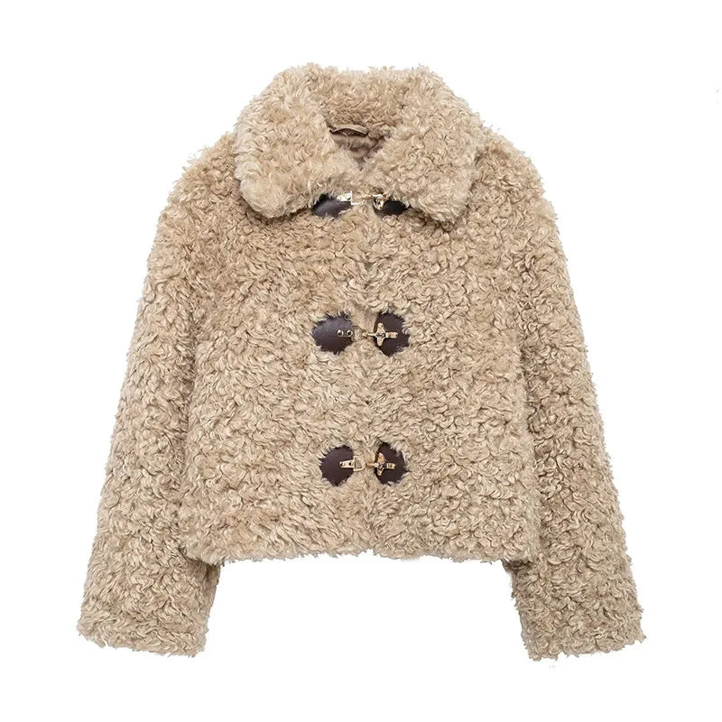 maoxiangshop  -  Winter Plush Warm Windproof Women's Coat Fashion Turndown Collar Single Breasted Short Coats Women Simple Casual Outerwears
