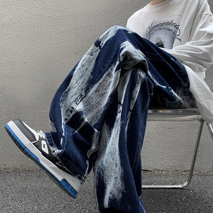 maoxiangshop Tie-dye Jeans Men High Street Straight Denim Pants Men Baggy Fashion Trend Jean Pants Mens Wide-leg Trousers BF Clothing