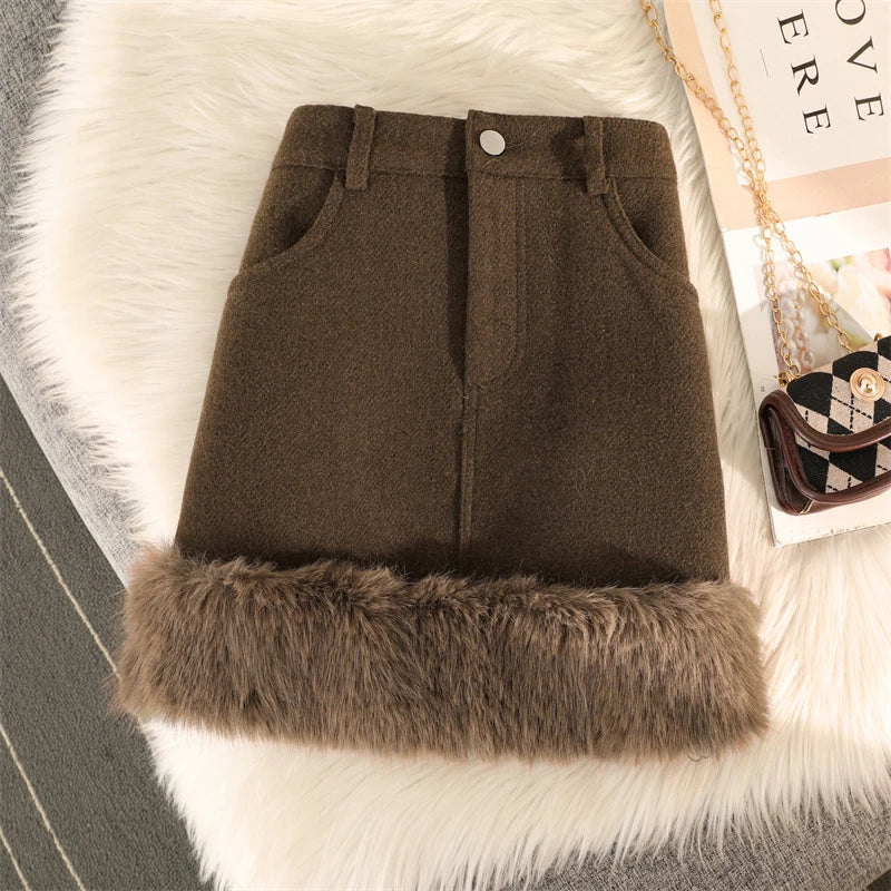 Streetwear Mini Skirt Women Y2K Faux Fur Patchwork A Line Skirts Autumn Winter Vintage Korean High Waist Slim Black Skirt