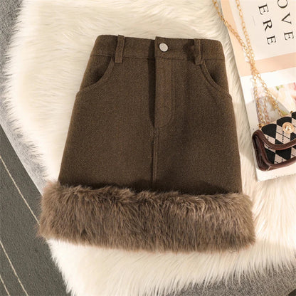 Streetwear Mini Skirt Women Y2K Faux Fur Patchwork A Line Skirts Autumn Winter Vintage Korean High Waist Slim Black Skirt