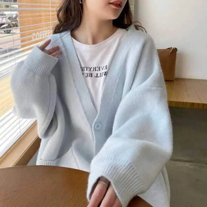 Women Blue Knitted Tops Buttoned Up Elegant V-neck Knitted Sweater Cardigan Autumn Winter Women Cardigan Sweater 2023