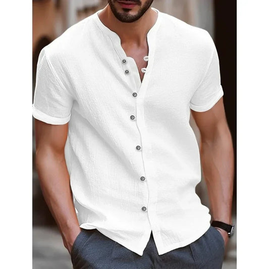 maoxiangshop Cotton hemp hot sell men's short sleeve shirt summer solid color stand collar casual beach style shirt