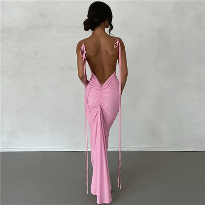 maoxiangshop Backless Maxi Dress Elegant Red Long Sleeve Sexy Ruched Bodyocn Evening Party Dress for Women Spring Slim Christmas Outfits