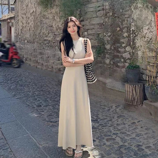 French Sleeveless Tank Dress Women Fashion Elegant Chic Slim A Line Long Dress Summer Vacation All Match Casual Solid Vestidos