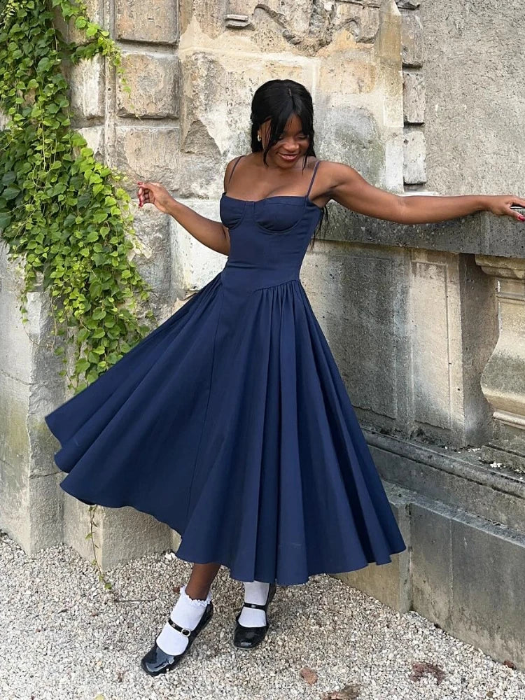 Elegant Spaghetti Strap Midi Dress Slim A Line Party Dresses Navy Blue Casual Birthday Holiday Dress Women's clothing