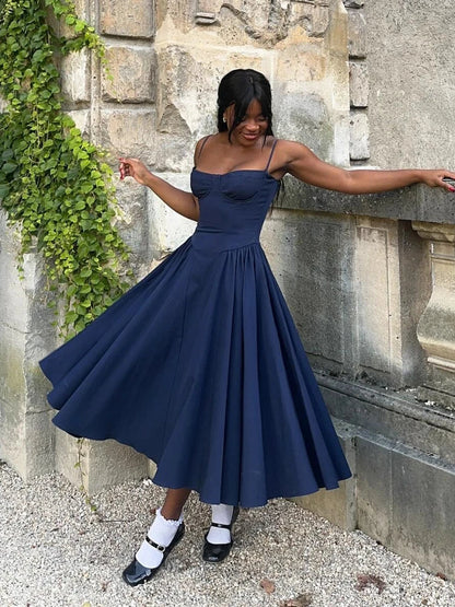 Elegant Spaghetti Strap Midi Dress Slim A Line Party Dresses Navy Blue Casual Birthday Holiday Dress Women's clothing