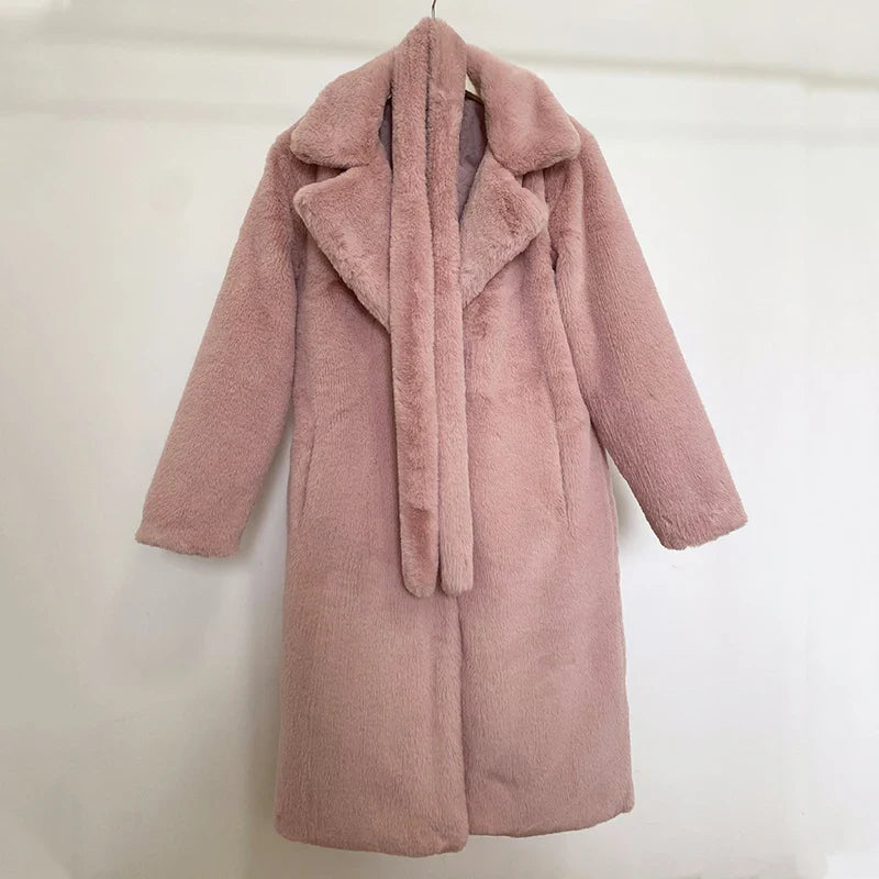 maoxiangshop  -  Luxury Winter Long Overcoats Women Oversized Lapel Belted Faux Rabbit Fur Coat Jacket Female Plus Size Outerwear Plush Fur Coats