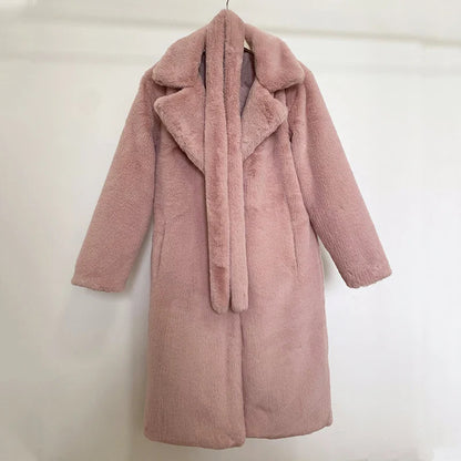 maoxiangshop  -  Luxury Winter Long Overcoats Women Oversized Lapel Belted Faux Rabbit Fur Coat Jacket Female Plus Size Outerwear Plush Fur Coats
