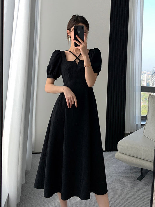 maoxiangshop Summer Women Fashion Elegant Casual Solid Puff Sleeve Midi Dresses Evening Office Lady Female A Line Clothes Vestdios Black