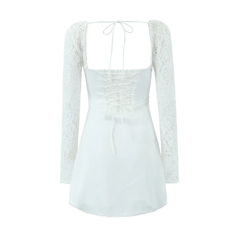 Women Fashion Hot Sweet Lace Long Sleeve Mini Dress French Square Collar Sexy Slim Backless Short Dresses