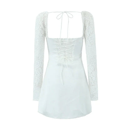 Women Fashion Hot Sweet Lace Long Sleeve Mini Dress French Square Collar Sexy Slim Backless Short Dresses