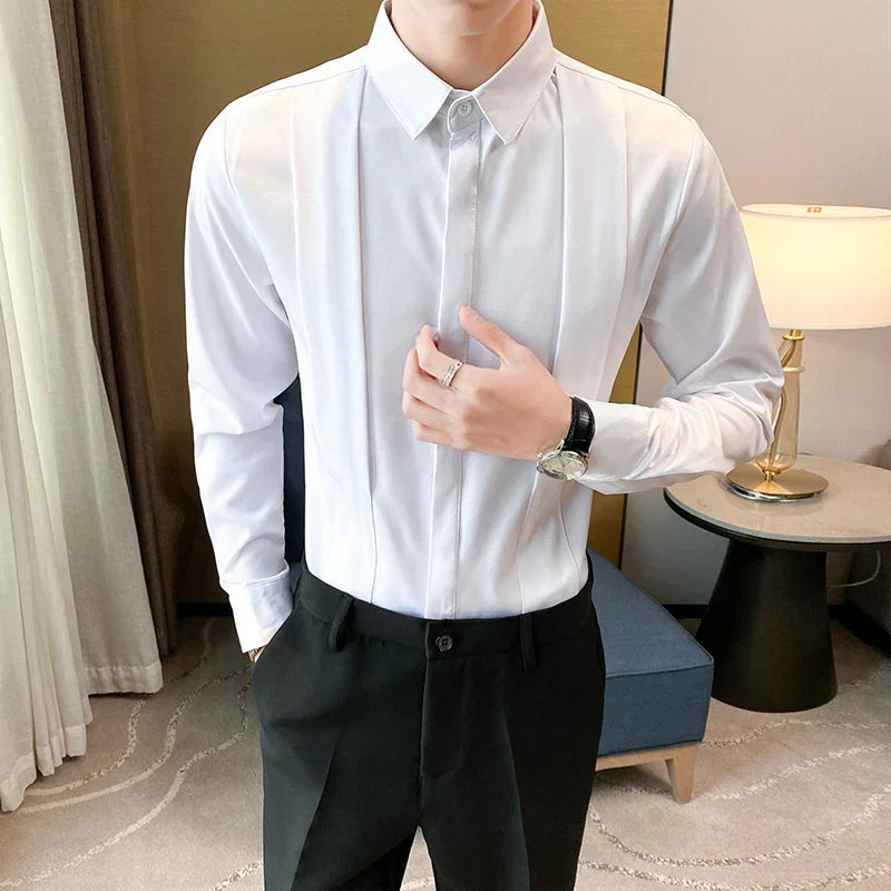 maoxiangshop British Style Fashion Fold Design Tuxedo Shirts Men Long Sleeve Slim Fit Casual Shirt Social Party Tops Plus Size 4XL 5XL