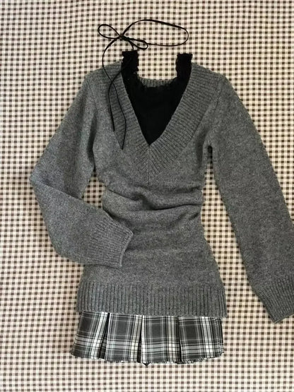 maoxiangshop  -  Women Clothing Autumn New Retro V-neck Sweater Knitted Pullover Top Strap Tank Top High Waist Slim Short Skirt Three Piece Set