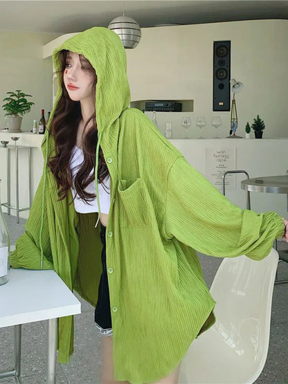 Lazy Wind Oversize Sun-Proof Shirt Women Casual Korean Hoodies Tops Long Sleeve Loose Preppy Style Summer Blouse Coats New