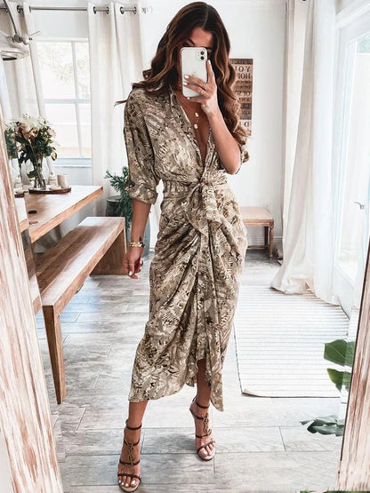 maoxiangshop Summer Bandage Shirt Women Fashion Button Ruched Dress Casual Short Sleeve Printed Dress Female Elegant Party Dress Robe