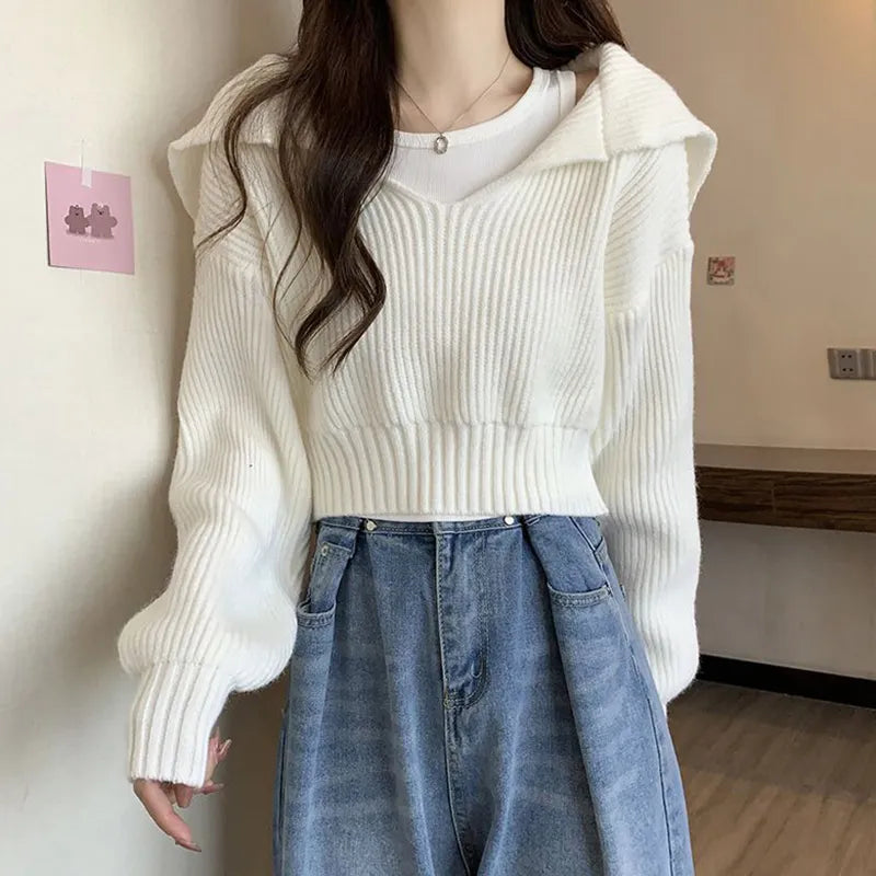 maoxiangshop Rimocy Long Sleeve Cropped Sweater Women Autumn Winter Turn Down Collar Knitted Jumper Woman Korean Style Solid Color Jerseys