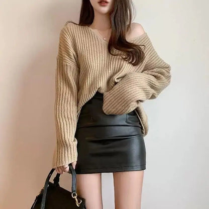 maoxiangshop Black Mini Sexy Skirt Sexy High Waist Package Hip Pencil Skirt Women Korean Fashion Pu Faux Leather Split Zipper Short Skirts