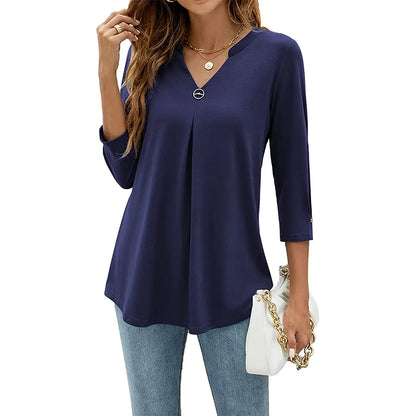 maoxiangshop Womens Autumn V Neck 3/4 Sleeve Shirts Business Casual Tops Loose Work Tunic Blouse