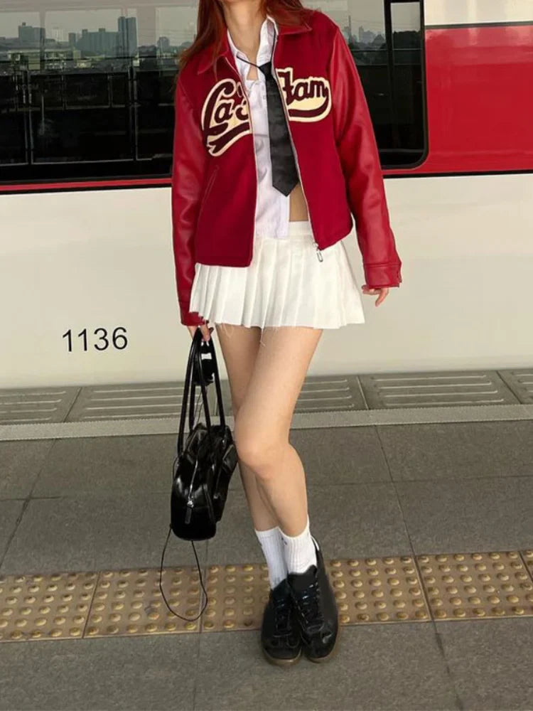 maoxiangshop  -  Women Leather Fashion Embroidery Zipper Short Jacket Elegant Long Sleeves Lapel Loose Coats Autumn Female Streetwear Outercoat