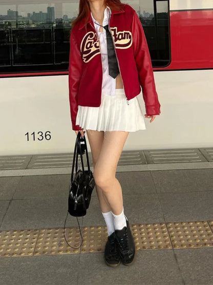 maoxiangshop  -  Women Leather Fashion Embroidery Zipper Short Jacket Elegant Long Sleeves Lapel Loose Coats Autumn Female Streetwear Outercoat