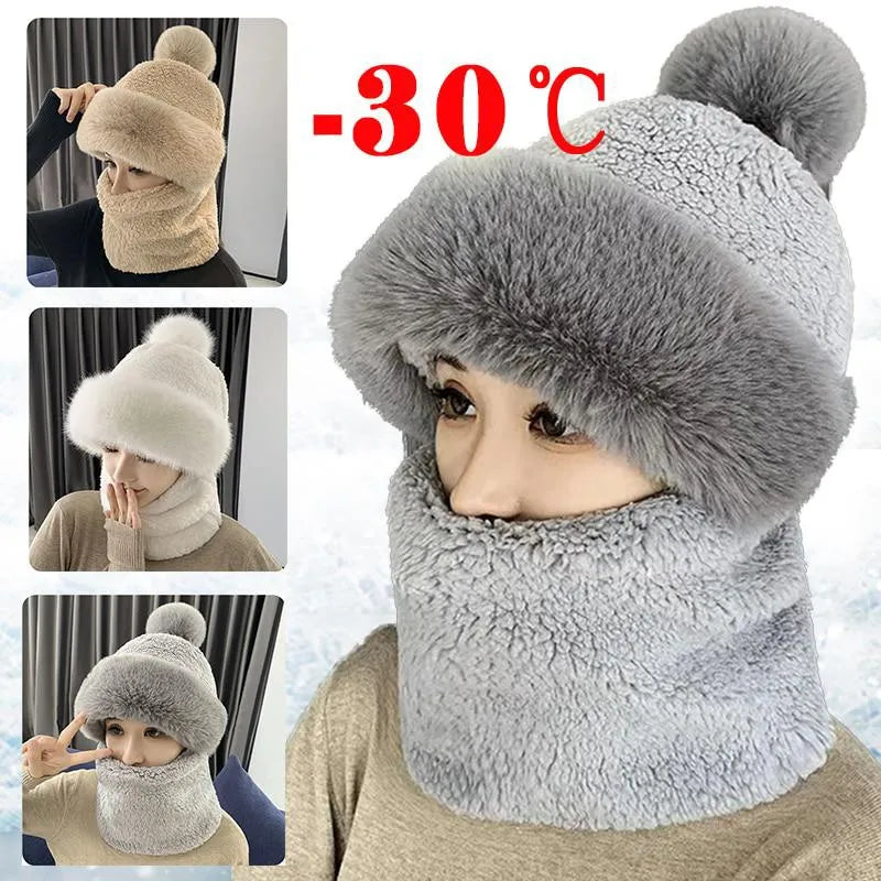 maoxiangshop Winter Scarf Set Hooded for Women Plush Neck Warm Russia Outdoor Ski Windproof Hat Thick Plush Fluffy Beanies