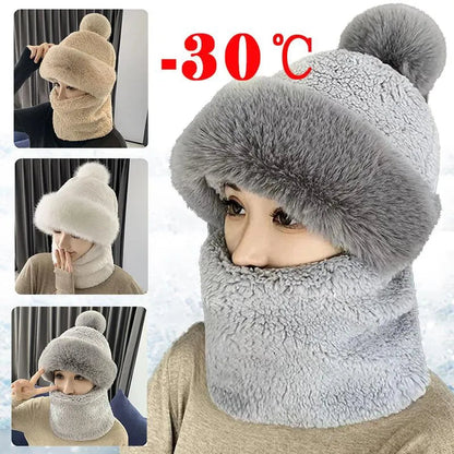 maoxiangshop Winter Scarf Set Hooded for Women Plush Neck Warm Russia Outdoor Ski Windproof Hat Thick Plush Fluffy Beanies