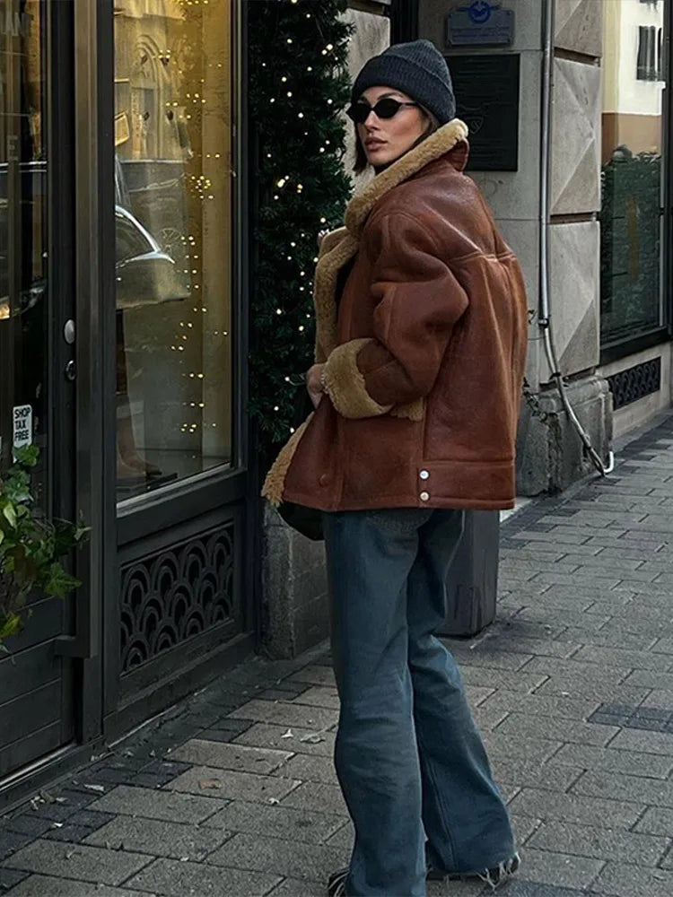 maoxiangshop  -  Vintage Lapel Lambwool Brown Jackets Women Elegant Casual Plush Single Breasted Warm Coat Female Winter Versatile Street Outwear