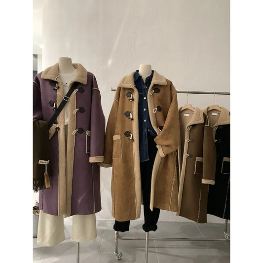 maoxiangshop  -  Korean Winter Fashion Suede Lamb Wool Splice Coat Fashion American Retro Coat High-End Long Single-Breasted Thicken Warm Coat