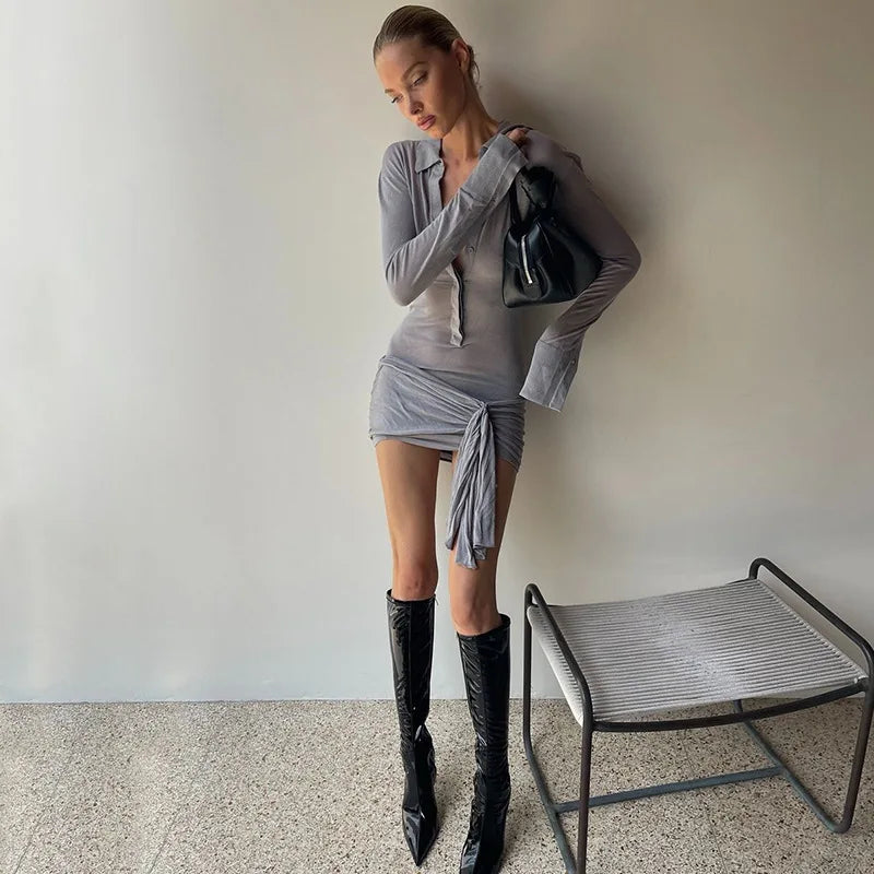 Elegant Turn-down Collar Mini Dress for Women Fashion Sexy Single Breasted Ruched Dress Autumn Long Sleeve Lace Up Slim Dress