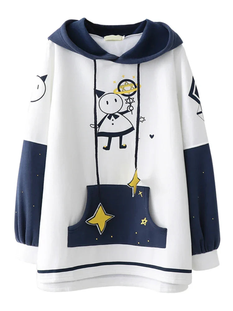 Women Hoodies Sweatshirts Cartoon Snowman Sweet White Long Hoodie Hooded Sweatshirt Dress Cute Female Pullovers