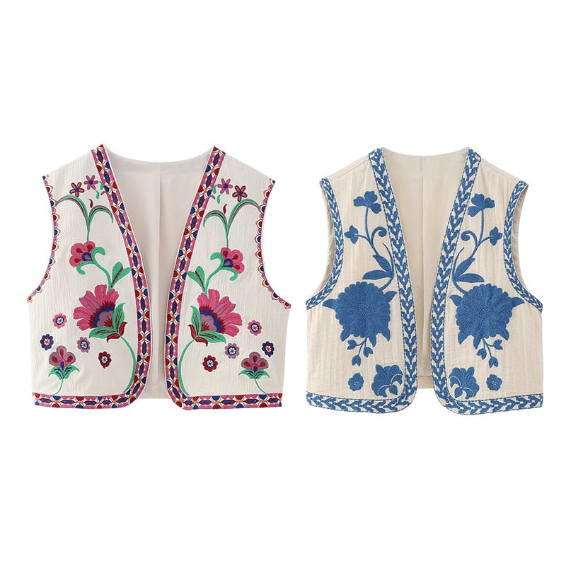 Women Vintage Floral Embroidered Vest 2023 New V Neck Sleeveless Waistcoat Vests for Woman Summer Holiday Female Crop Top