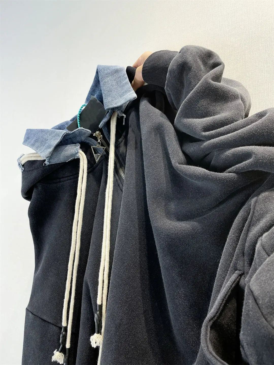 maoxiangshop American style retro solid color polo collar patchwork hoodie men spring and autumn simple fashion design sense top harajuku