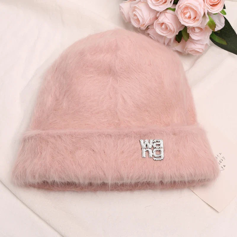 maoxiangshop New Fashion Rabbit Fur Y2k Beanies for Women Soft Warm Fluffy Angola Winter Hat Female Windproof Bonnet Hat Skullies Cap