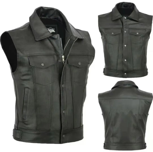 maoxiangshop Men Motorcycle Leather Vest Solid Color Large Pocket Sleeveless Biker Jackets Vintage Casual Vest Male Plus Size S-5XL