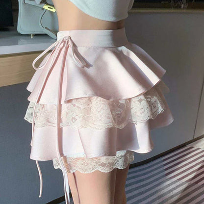 maoxiangshop Kawaii Pink Ruffle Mini Skirt Women Fairycore Lace Double-layer Cute High Waist Bandage Sexy Short Skirt Coquette Lolita