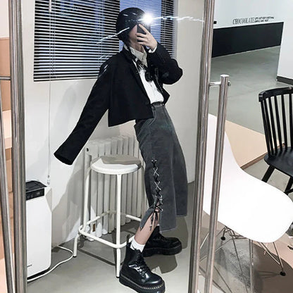 Vintage Gray Denim Skirts Woman Y2K Streetwear Lace Up Design Side Split Skirts Korean Chic High Wiast Long Skirt Women