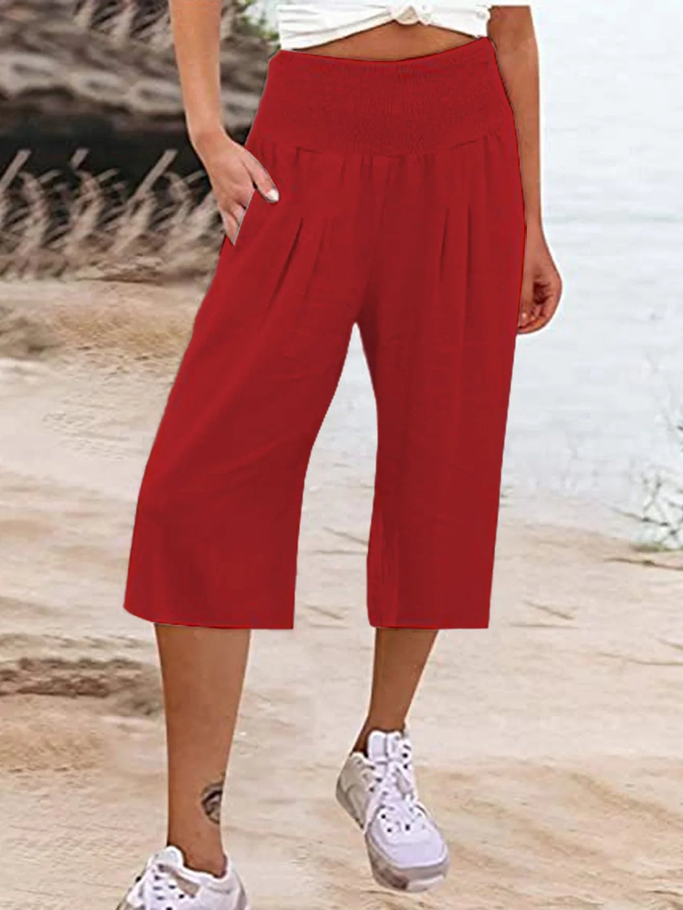 maoxiangshop Summer AliExpress European and American Women's Cross border Cotton and Hemp Split Waist Wrap Pocket Thin Wide Leg Pants fo