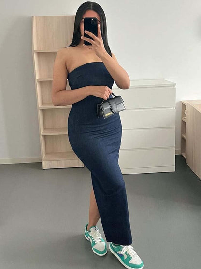 maoxiangshop Off Shoulder Denim Dress Woman Blue Corset Long Dress Women Midi Bodycon Dresses For Women Elegant Party Dress