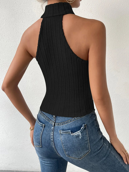 maoxiangshop 2024 New Spring Summer Women Fashion Turtleneck Sleeveless Black Sexy Y2k Knitted Tees Femme Sweater Button Tank