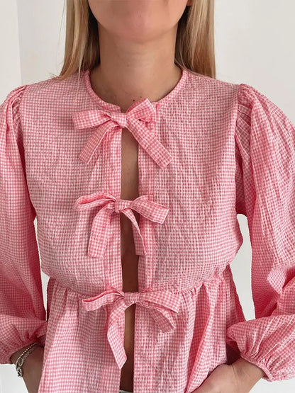 maoxiangshopWomen Casual Round Collar Plaid Bow Lace Up Shirt Elegant Loose Puff Sleeve Hallow Out Short Tops 2024 Spring Female Streetwear