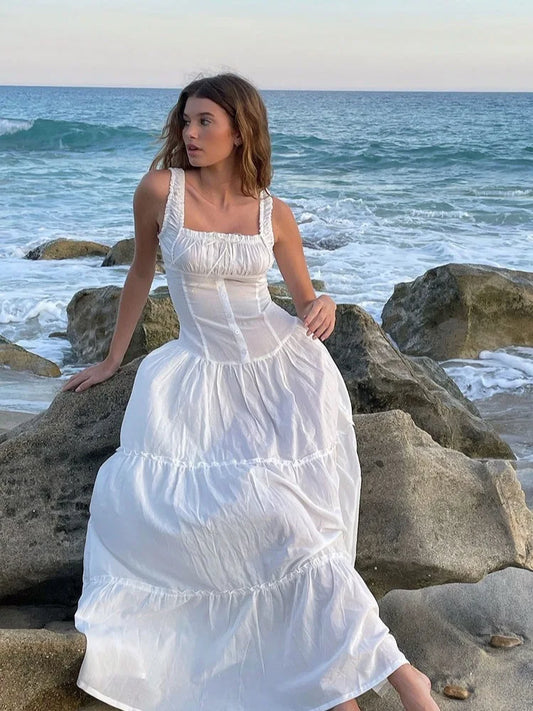 maoxiangshop Bowknot White Summer Women's Dress Elegant Tank Beach Long Sundress Vestidos Sleeveless Holiday Chic Black Slim Maxi Dress 2024