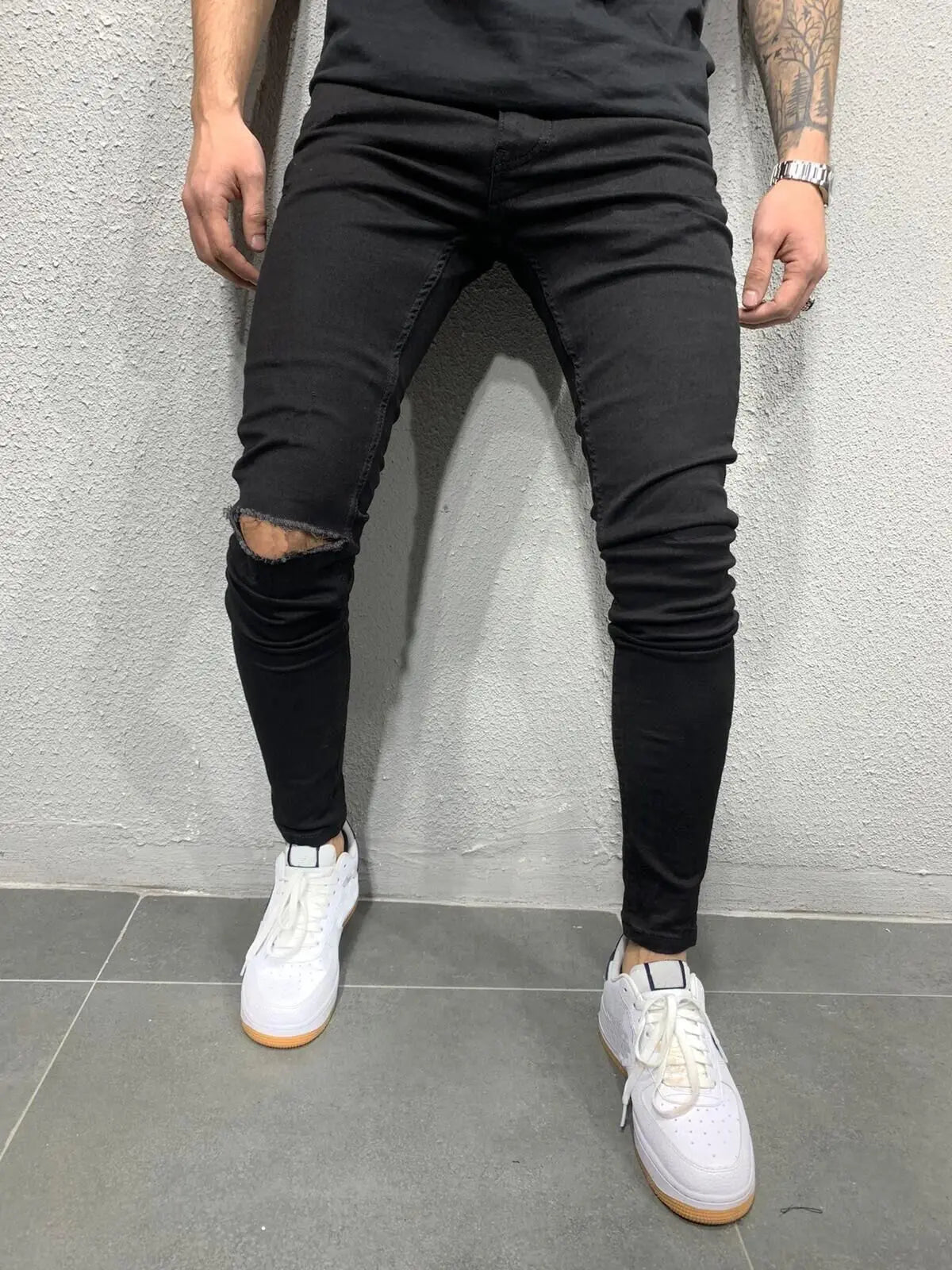 maoxiangshop Distressed Knee Holes Elastic Skinny Jeans Men Ripped Biker Denim Pants Solid Washed Streetwear Black Pantalones Hombre Joggers