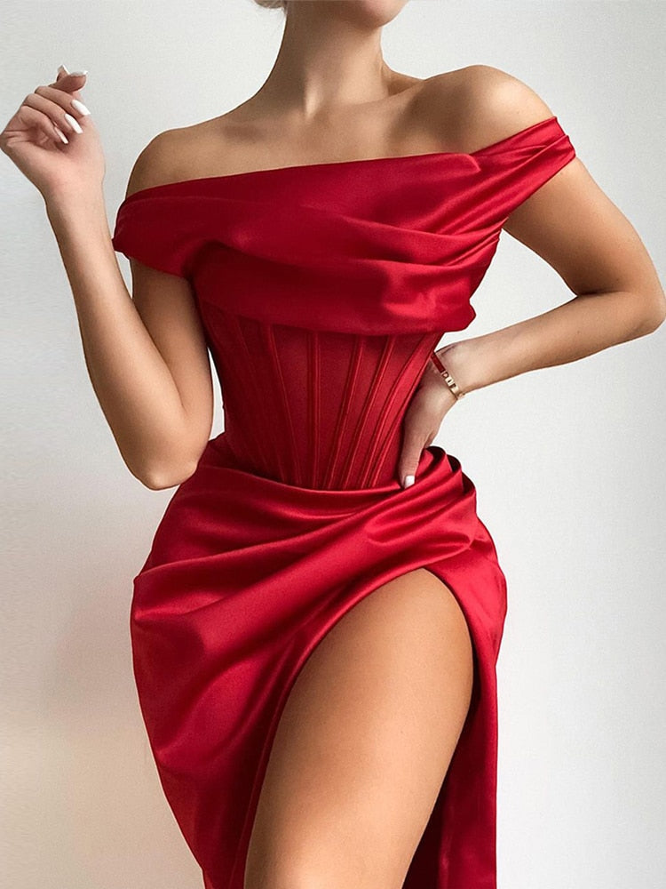 maoxiangshop Stretch Satin Elegant Dress Women High Split One Shoulder Sexy Party Dress  Summer Dresses With Fishbone Vestidos