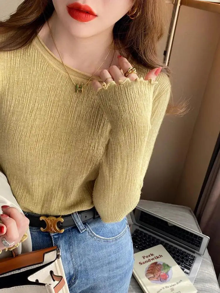 Women Pullovers Sweaters Knit Soft Jumper tops Ruched Autumn Winter Tops O-Neck Ribbed Long Sleeve Korean Slim Female Sweater